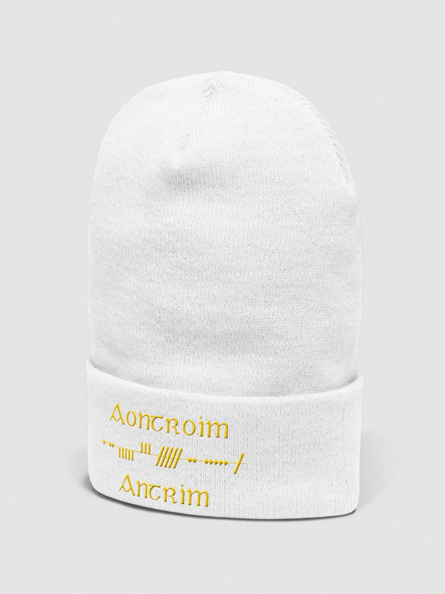 Antrim/Aontroim, Scholastic Style Ogham, white with saffron, embroidered Cuffed Beanie product image (2)