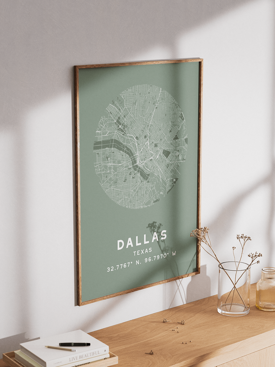 Dallas Street Map Poster – Sage Green Minimalist Circular City Art product image (3)