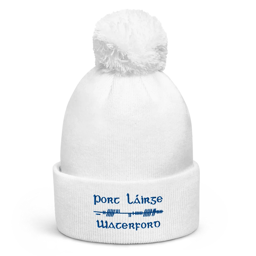 Waterford/Port Láirge, Orthodox style Ogham, white with blue, embroidered Pom-Pom Beanie product image (1)