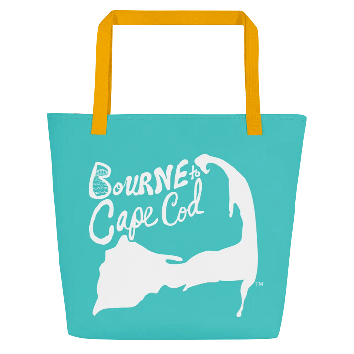 BOURNE to Cape Cod™ | Large Tote Bag with Pocket | Coastal Classic | All-Over Logo Print | White Logo on Dark Turquoise product image (2)