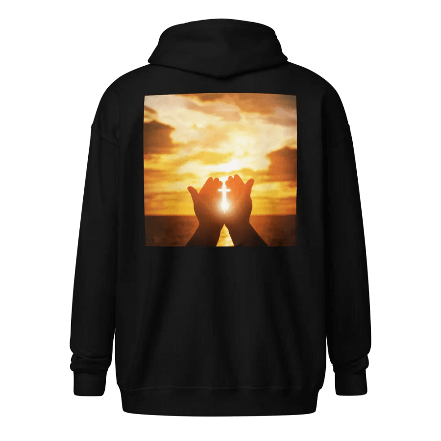 Cupped hands holding a glowing cross silhouette Hoodie product image (1)