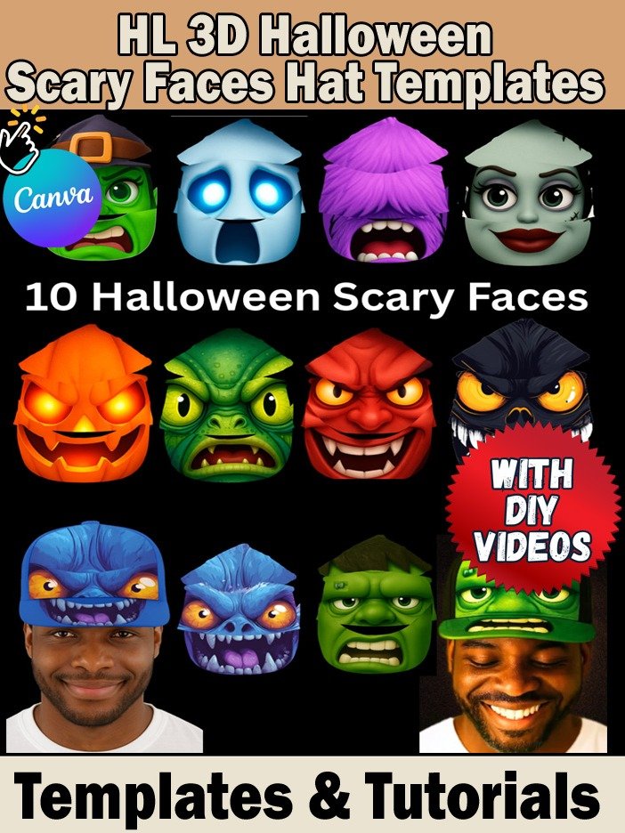 Halloween 3D Sublimation Face Hat Templates - Editable in Canva PDF product image (1)
