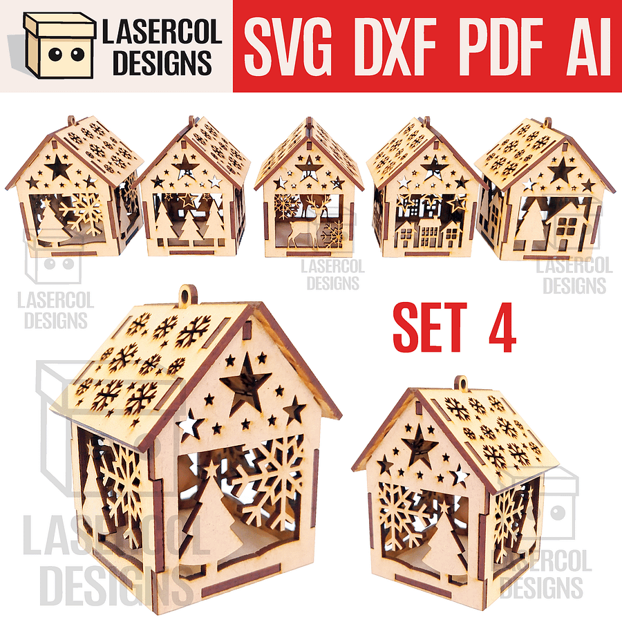 Christmas House Ornaments Set 4 (2 Sizes, 5 Styles) - Laser Cut Files product image (1)