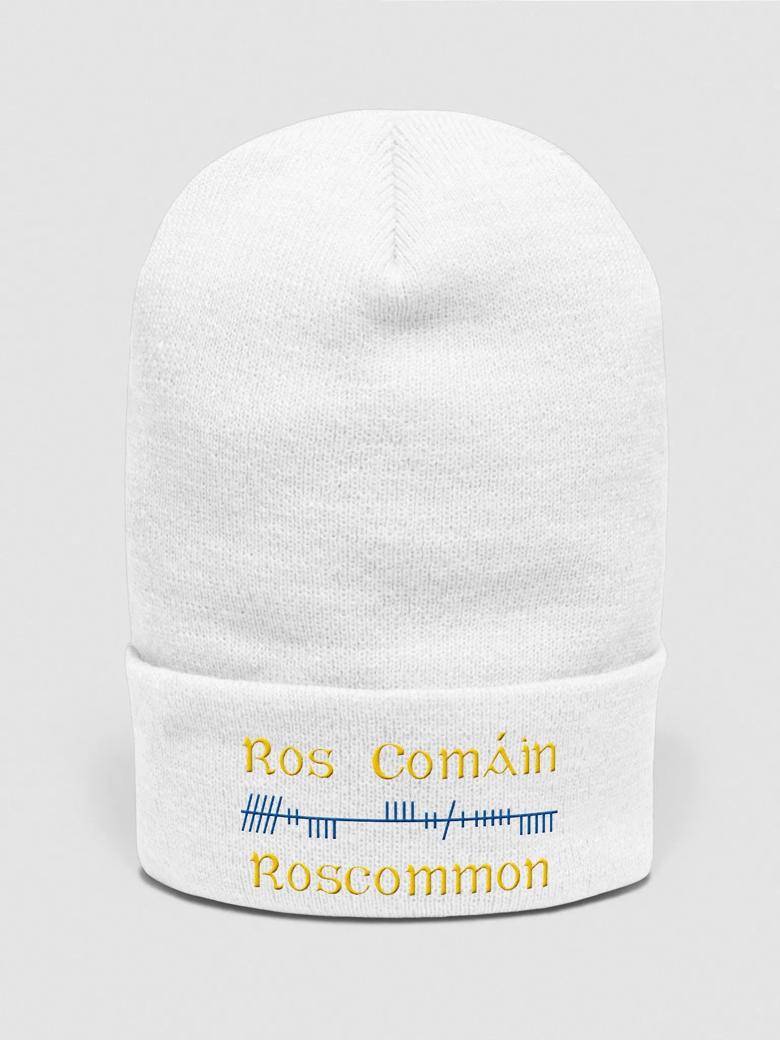 Roscommon/Ros Comáin Orthodox style Ogham, yellow and blue, embroidered Cuffed Beanie product image (1)