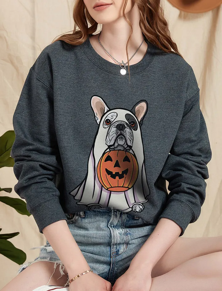 Funny Halloween French Bulldog(Pied) Sweatshirt | Funny Frenchie Wearing a Ghost Costume and Holding a Pumpkin Basket product image (5)