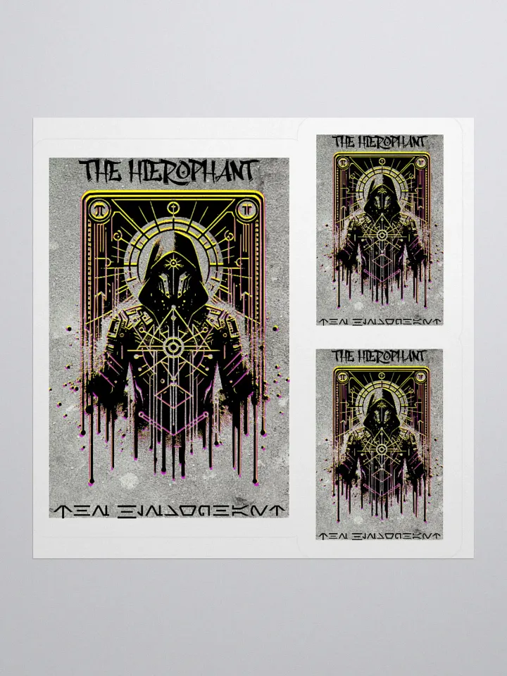 Cyberpunk Tarot Sticker – "The Hierophant" Card with Ornate Hooded Robes & Armored Mask – Futuristic Graffiti Stencil Vinyl Decal product image (3)