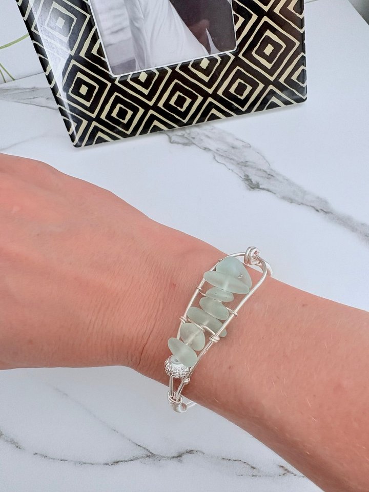 Seafoam Pebble Tide Bracelet | Wire-Wrapped Sea Glass | Handmade 7" Coastal Charm by Monique Faella Designs™ | MFD-00201 product image (1)