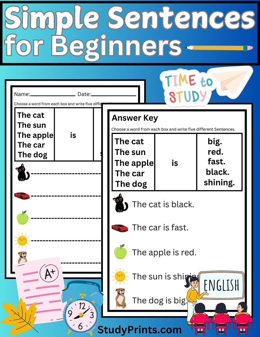 simple sentence practice worksheet PDF product image (1)