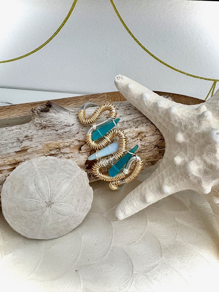 Ocean Embrace | Adjustable Sea Glass & Wire-Wrapped Cuff Bracelet | Handmade Coastal Jewelry by Monique Faella Designs™ | MFD-00229 product image (2)