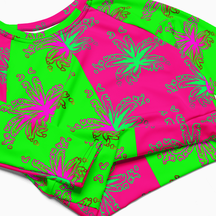 Cannabis Stoner Circus Stripes Recycled Long-Sleeve Crop Top, 420 Summertime Beach Weed Shirt, Neon Green Hot Pink Pot Leaf Pattern Clothing product image (1)