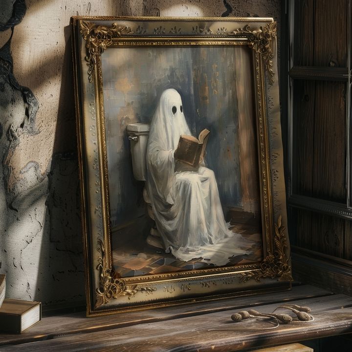Ghost Reading a Book in Toilet Halloween Bathroom Wall Art Print product image (18)