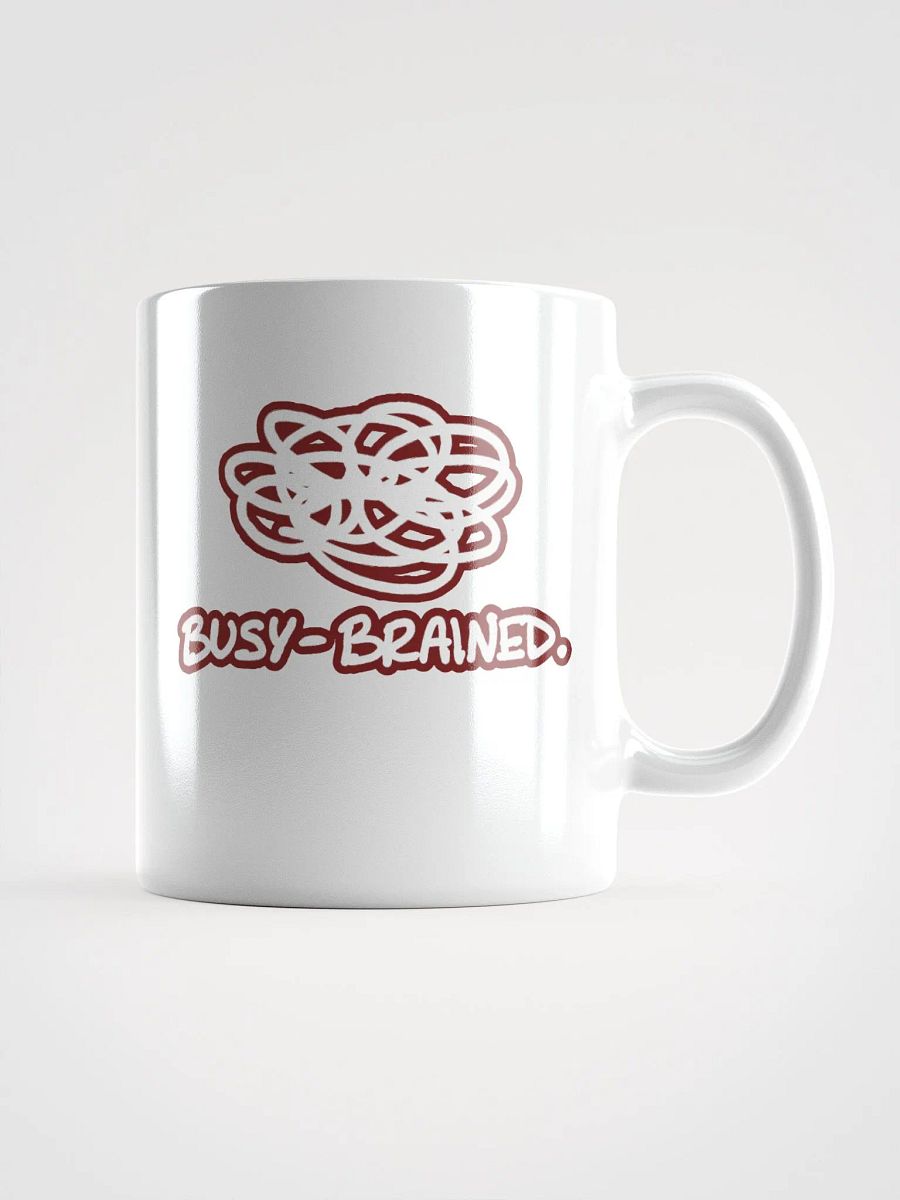 BUSY-BRAINED (lined design, #6D1616) glossy white mug product image (1)