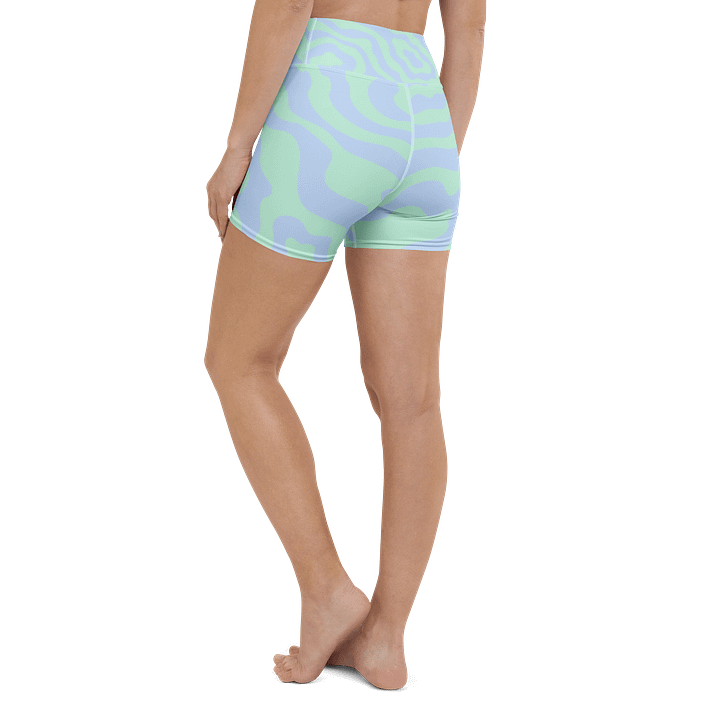 All-Over Print Yoga Shorts | with Inside Pocket | BRN.2C.C.™ | Coastal-Inspired Activewear | Vibrant Pink Logo on Wavy Pastel Stripes product image (1)