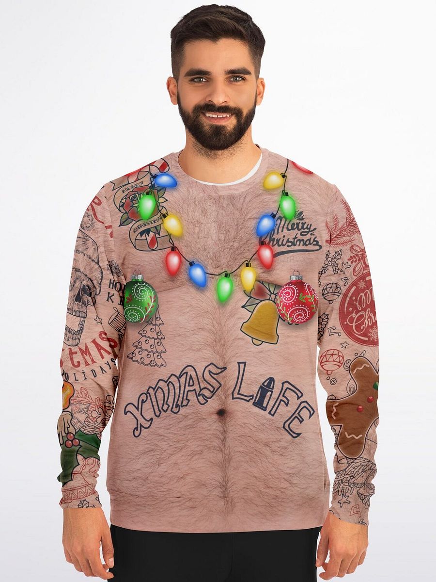 Xmas Life Tattoo Christmas Sweater - Hairy Chest Funny Holiday Sweatshirt - Alternative Santa Skull Design with LED String Lights (Unisex) product image (1)
