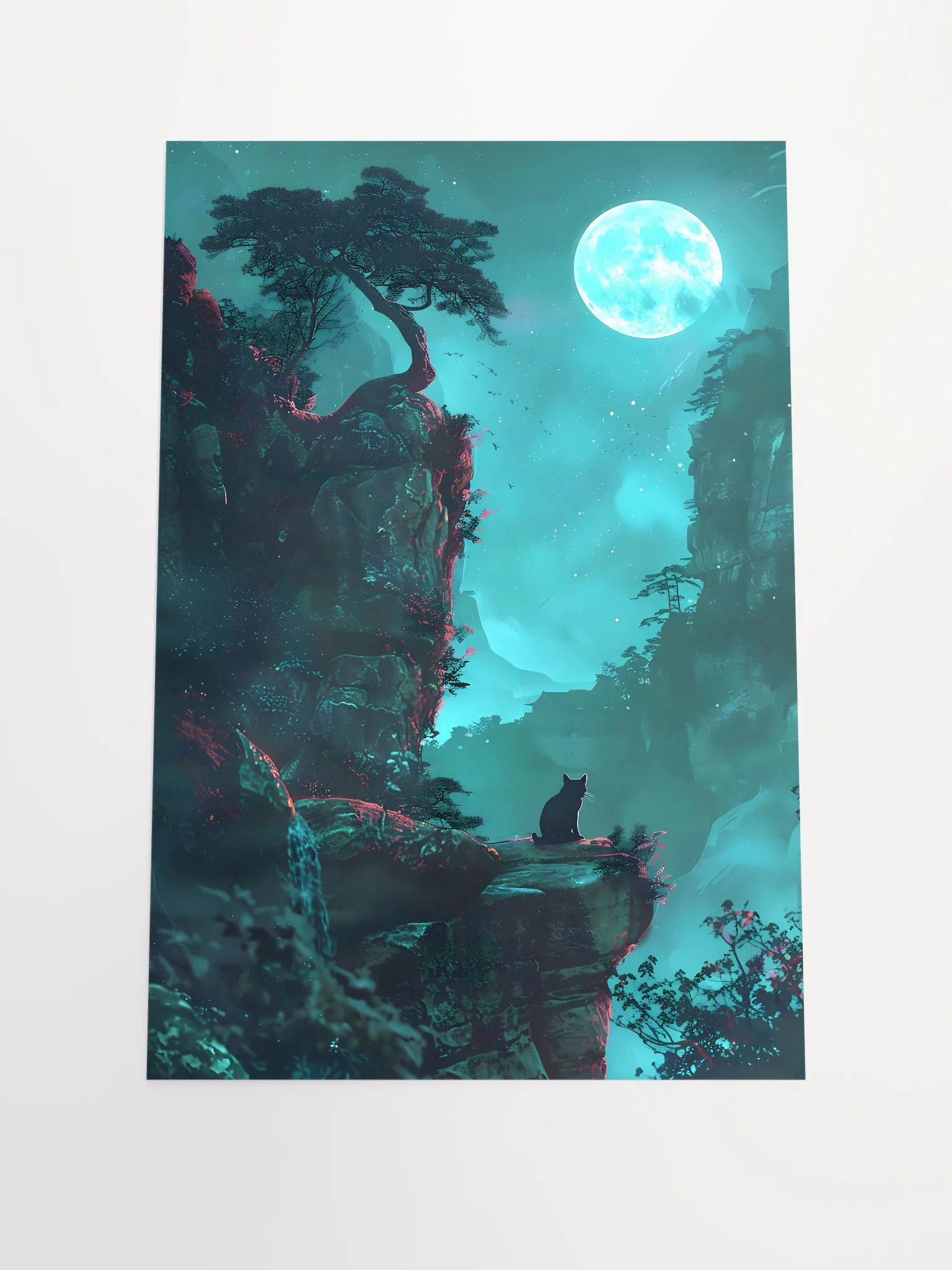 Mystical Cat Silhouette Under a Luminous Moon Fantasy Matte Poster product image (3)