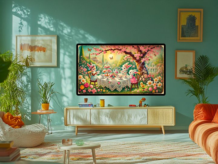 Spring Bunny Samsung Frame TV Art, Tea Time Easter Painting - Digital Download Wallpaper product image (2)