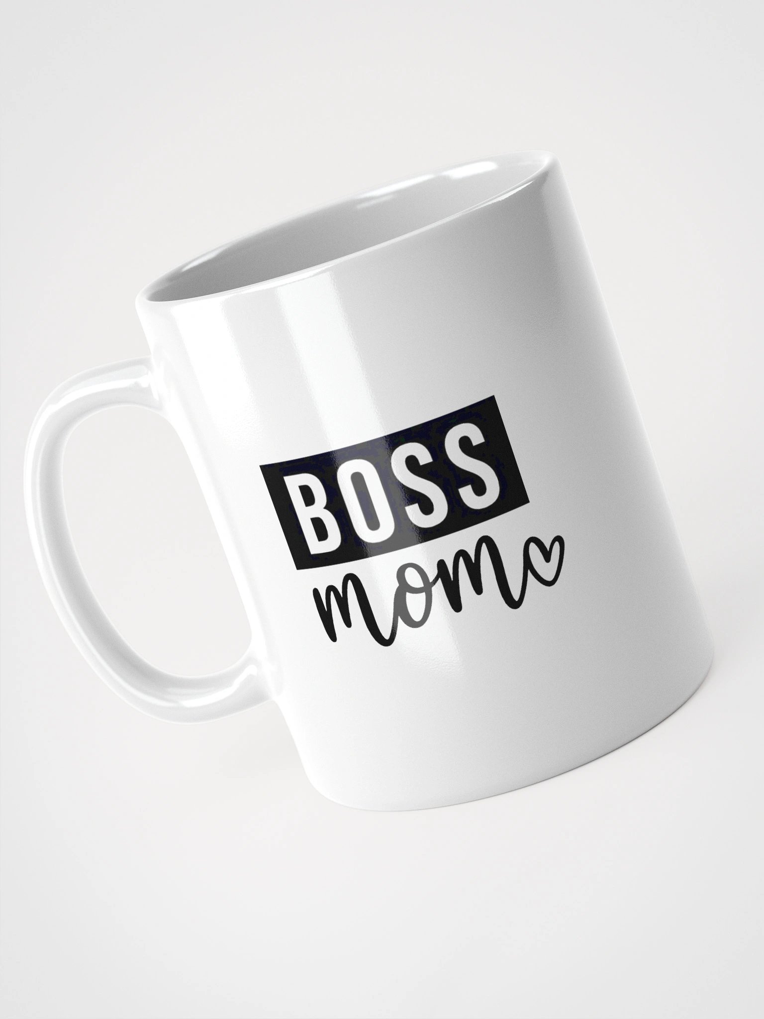 Boss Mom Mug – Bold Black Script on White Glossy Ceramic with Heart Accent product image (8)