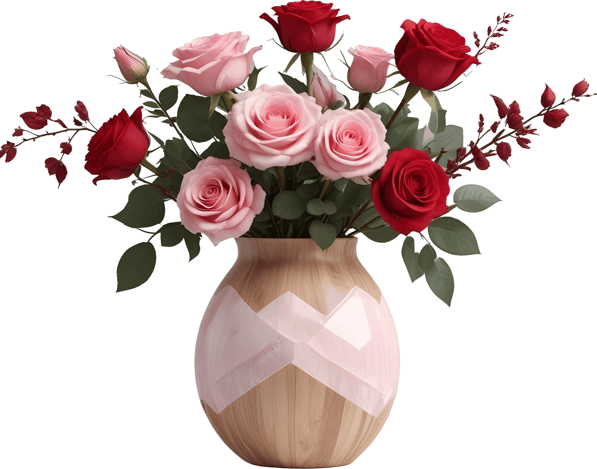 Romantic Wood and Rose Quartz Vase with Elegant Rose Bouquet PNG product image (1)