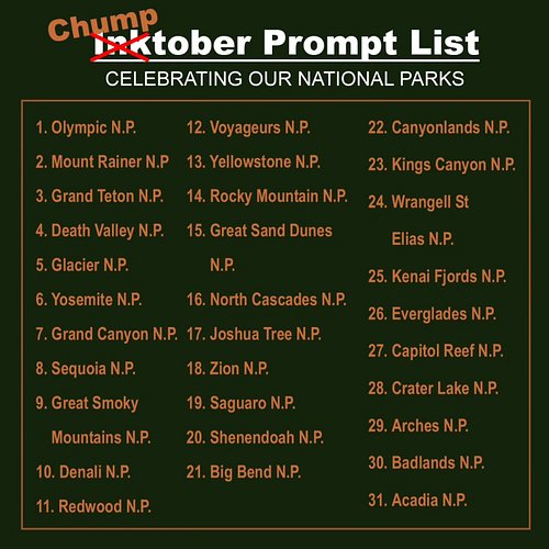 So I'm doing inktober a little differently this year. I've made my own list of 31 national parks... Same rules as normal, one...