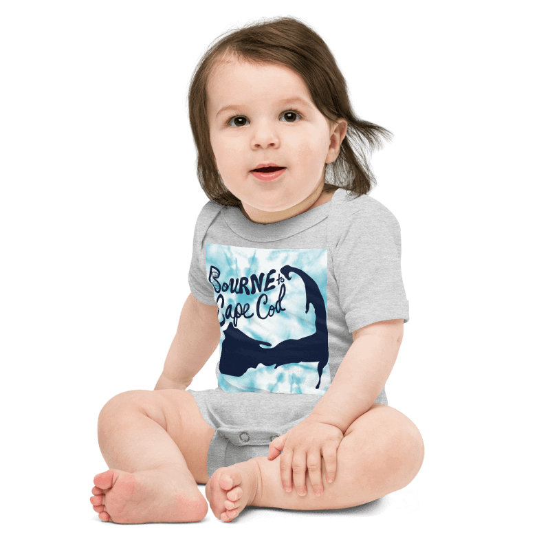BOURNE to Cape Cod™ | Baby One-Piece with Snaps | BRN.2C.C.™ Logo Back | Ultra-Soft Cotton Bodysuit for Coastal Cuties | Navy Logos on Blue Tie-Dye Graphic product image (1)