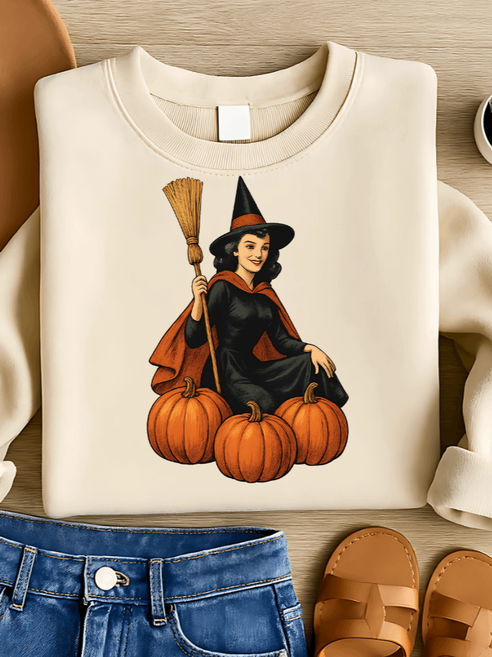 Classic Halloween Witch Sublimation PNG – Vintage Spooky Clipart for T-Shirts – Retro Magic & Pumpkin Theme – 300 DPI Instant Digital Download product image (1)