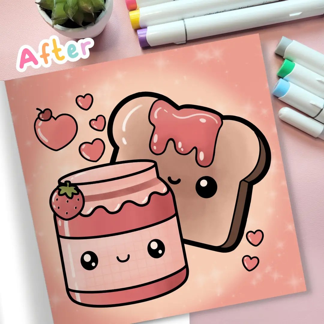Title: 🍓 Jam & Toast Cuties! 💖✨ Just a sweet slice of toast and a happy jar of strawberry jam spreading smiles today! 🍞🍓✨ This was such a fun page to color, those pinks are giving all the cozy vibes! 💕 What’s your favorite toast topping? ⬇️💬 #KawaiiColoring #SweetAndCute #StrawberryJam #AdorableArt #ColoringFun #CreativeEscape #CuteIllustrations #PastelAesthetic #ColoringForRelaxation #WhimsicalArt #luludrakecoloring #luludrake #ohuhumarkers #colorwithme