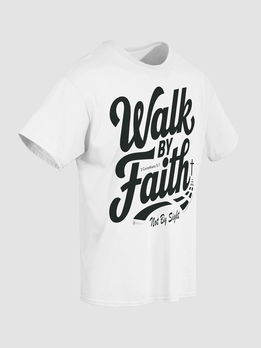 Walk By Faith, Heavyweight Unisex Crewneck T-shirt | Gildan® 5000, 2 Corinthians 5:7, KJV, Bible Verse, Scripture Shirt, Black print on Light Shirts product image (2)