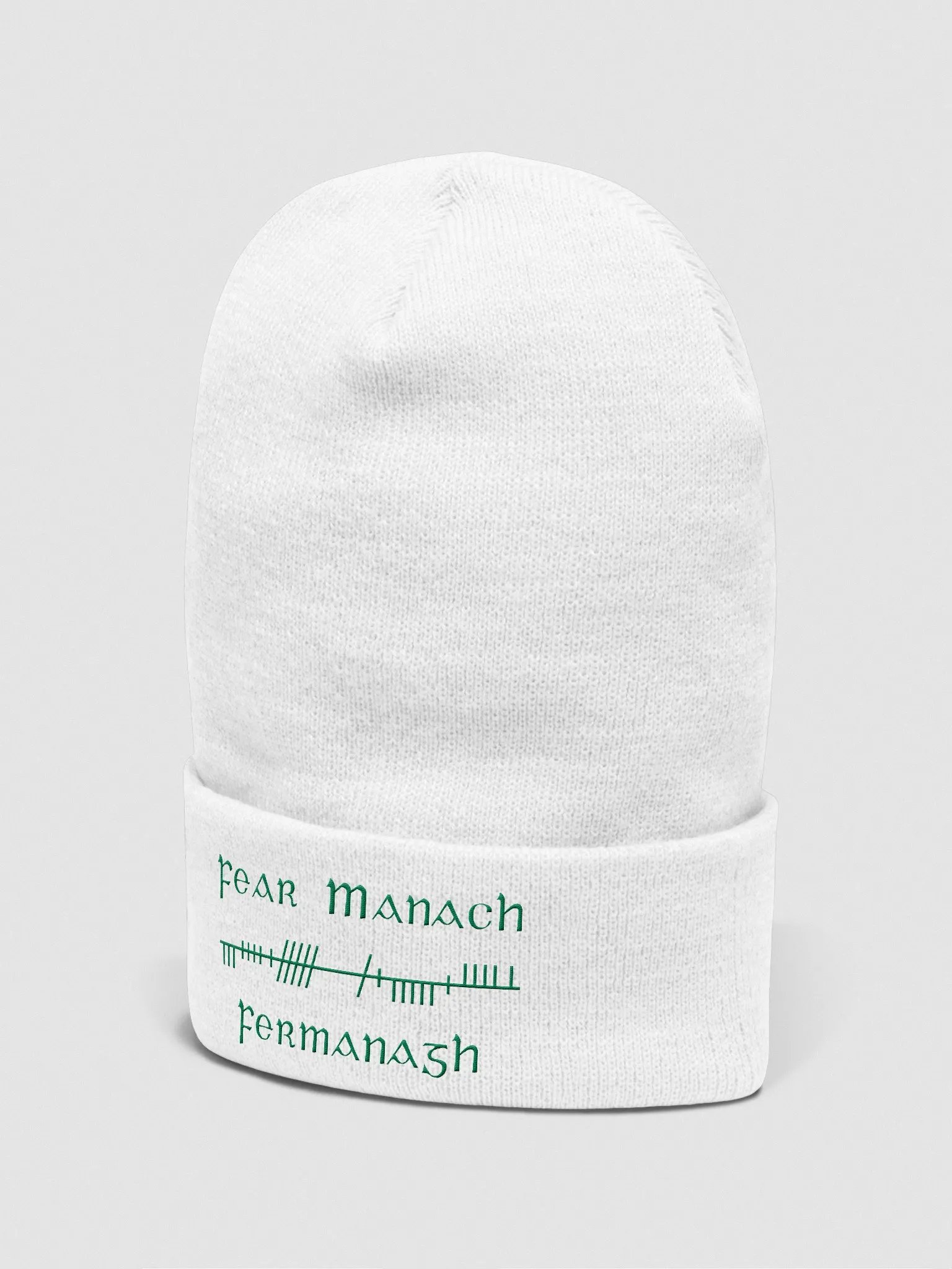 Fermanagh/Fear Manach, White with Green, Orthodox style Ogham embroidered Cuffed Beanie product image (2)