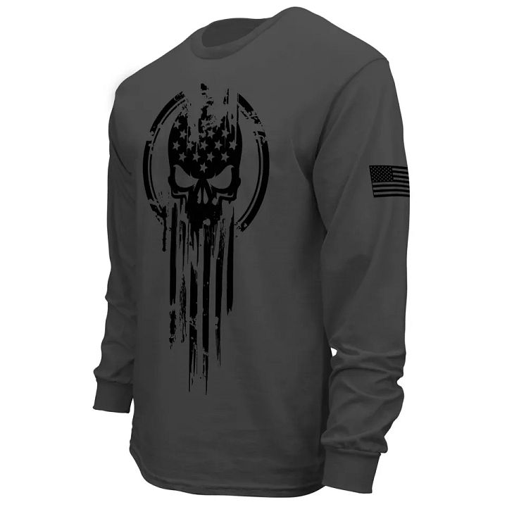 American Warrior Flag Skull Military USA Patriotic Long Sleeve T-Shirt product image (2)