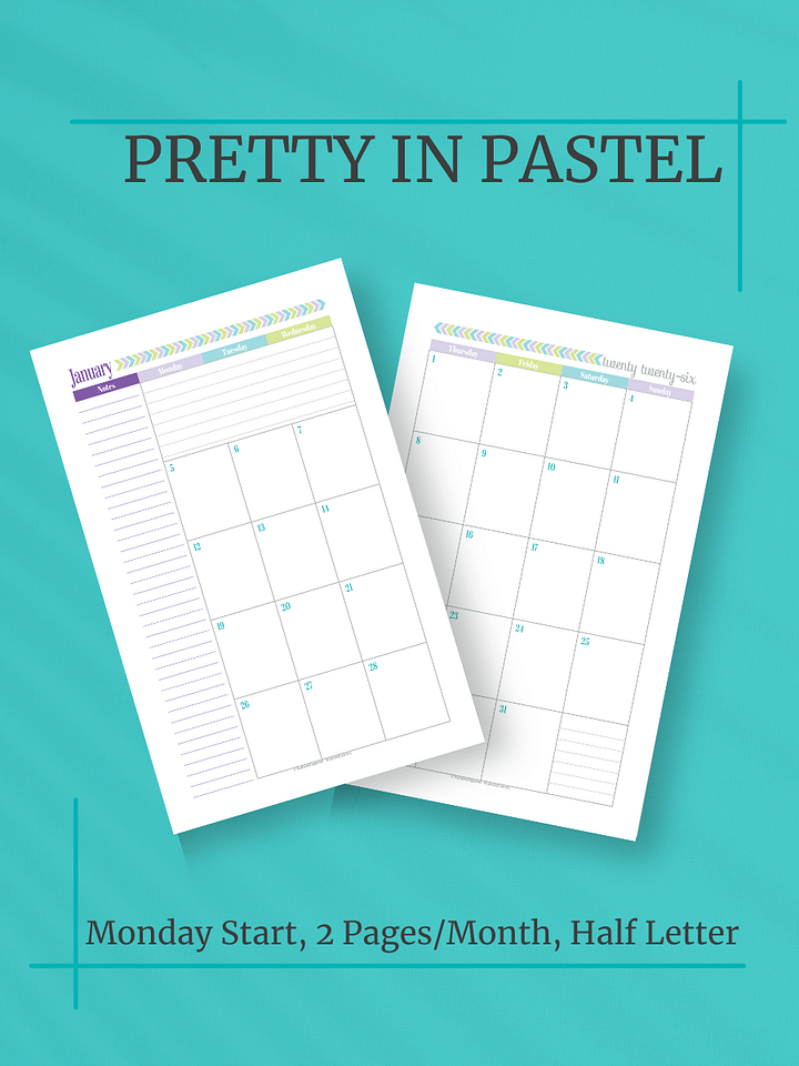 Pretty in Pastel 2026 Calendar - 2 Pages per Month, Monday Start, Half Letter Size product image (1)