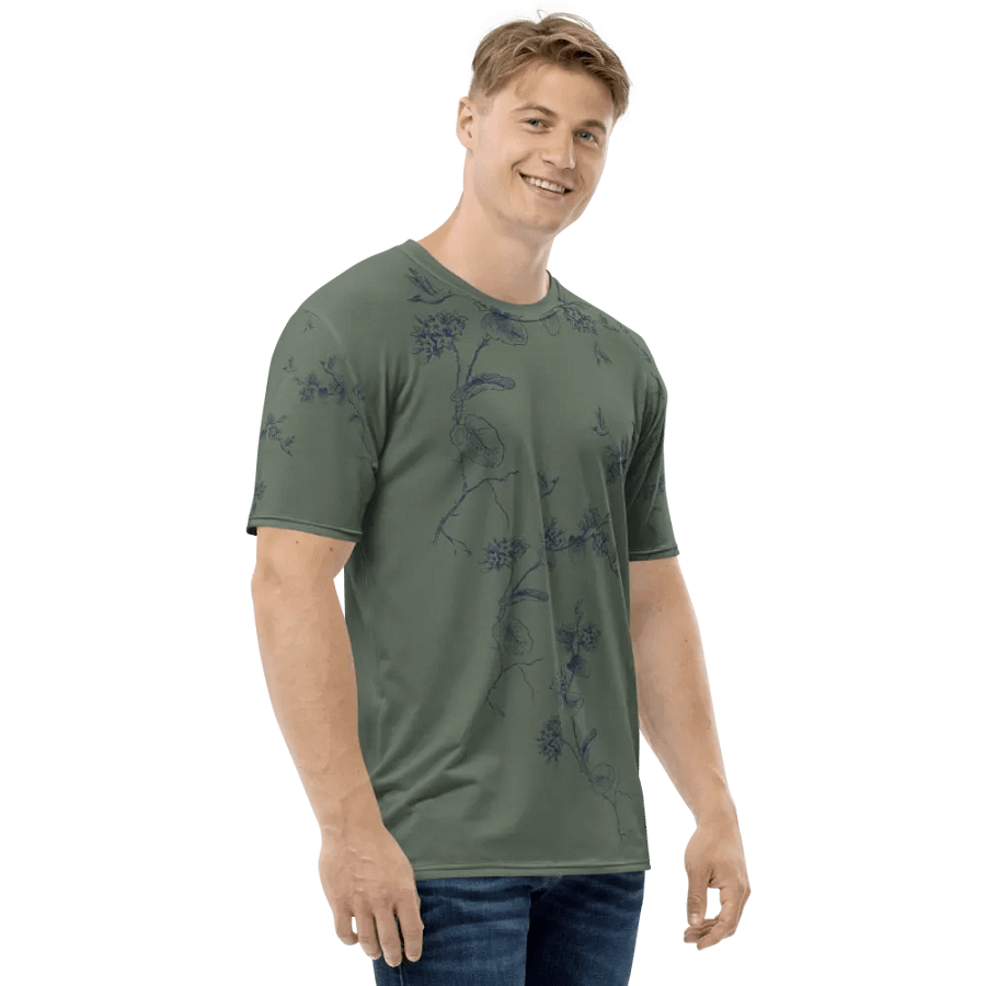 olive green all  over printed unisex T shirt with humming bird design. Outdoors vibe ideal for the person who enjoys birding. product image (4)