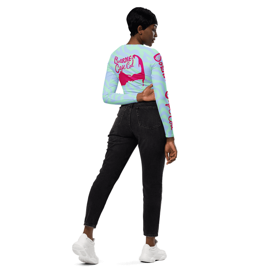 BOURNE to Cape Cod™ Crop Top | BRN.2C.C.™ Coastal Bold | Recycled Long Sleeve Statement Wear 🌊💃☀️ | Vibrant Pink Logos on Pastel Zebra product image (6)