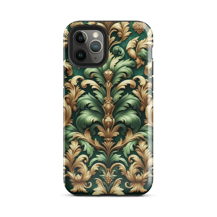 Tough Phone Case for iPhone® - Green and Gold Rococo Damask Floral Pattern product image (2)