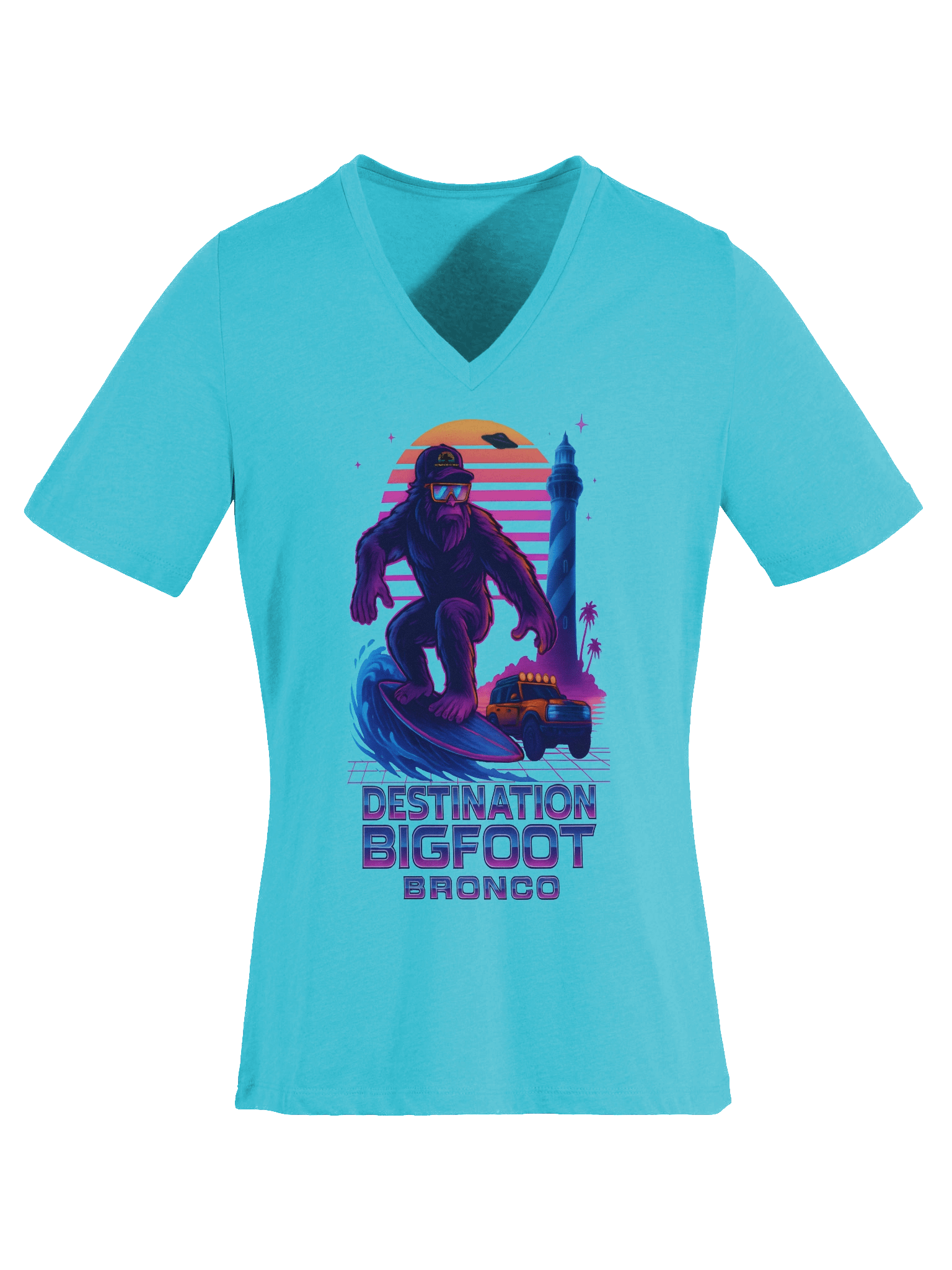 Destination Bigfoot Bronco Synthwave Bella+Canvas Women's Relaxed V-Neck T-Shirt (Multiple Colors Available) product image (72)