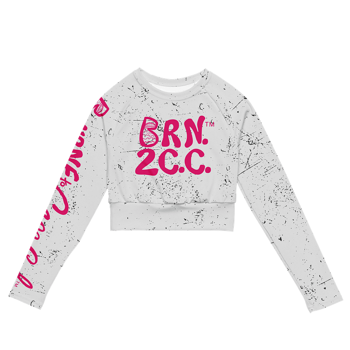 BOURNE to Cape Cod™ Crop Top | BRN.2C.C.™ Coastal Bold | Recycled Long Sleeve Statement Wear 🌊💃☀️ | Vibrant Pink Logos on Distressed White product image (2)