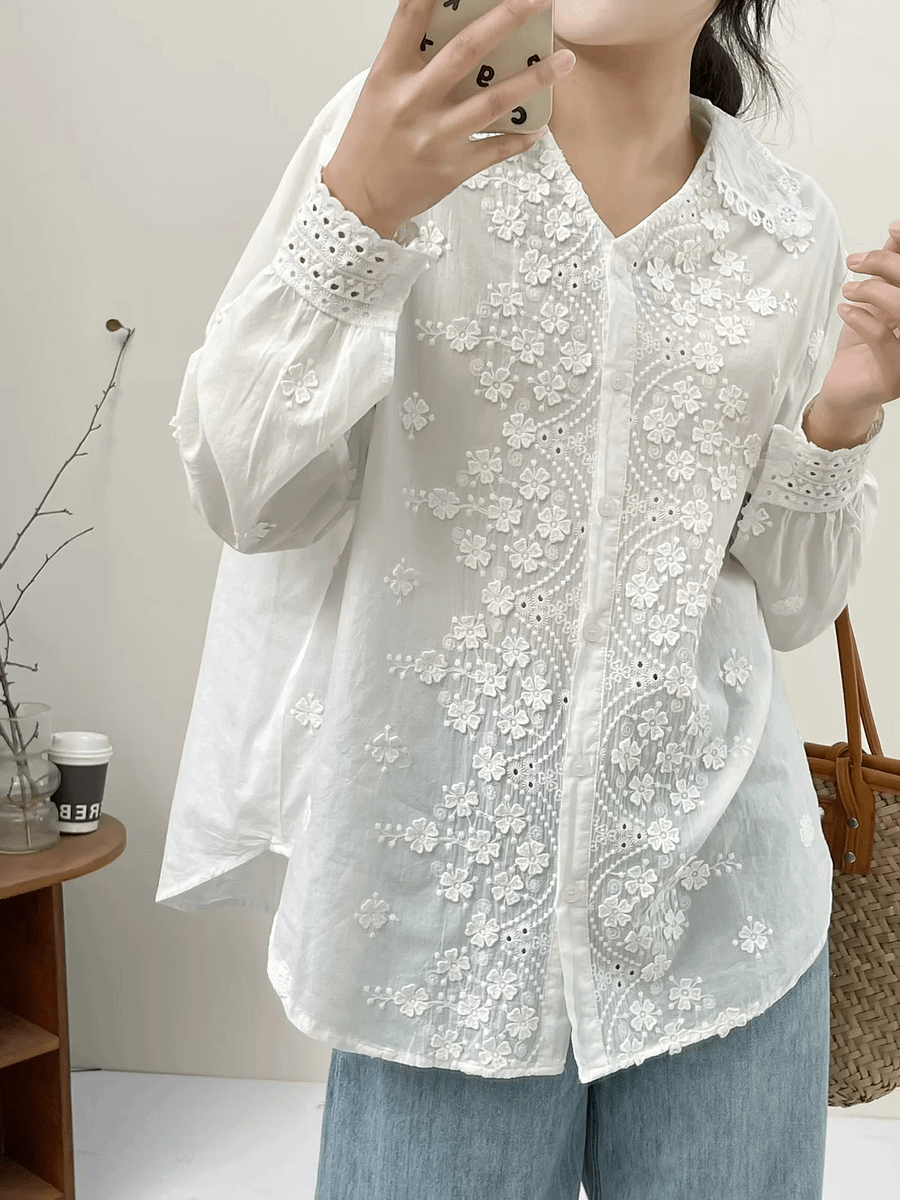 Three-dimensional Flower Embroidered Lapel Single-breasted Long Sleeve Shirt For Women product image (4)