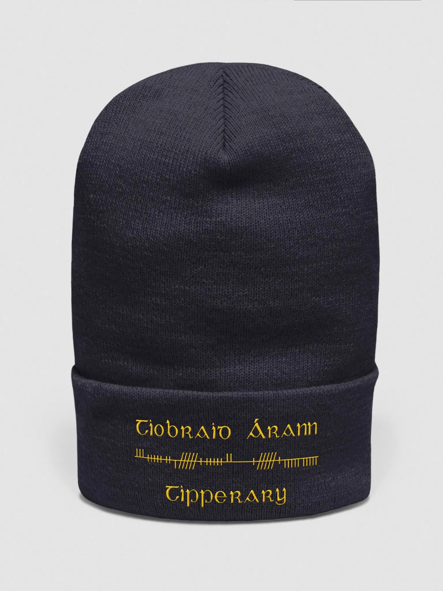 Tipperary/Tiobraid Árann Orthodox style Ogham, Navy with gold, embroidered Cuffed Beanie product image (1)