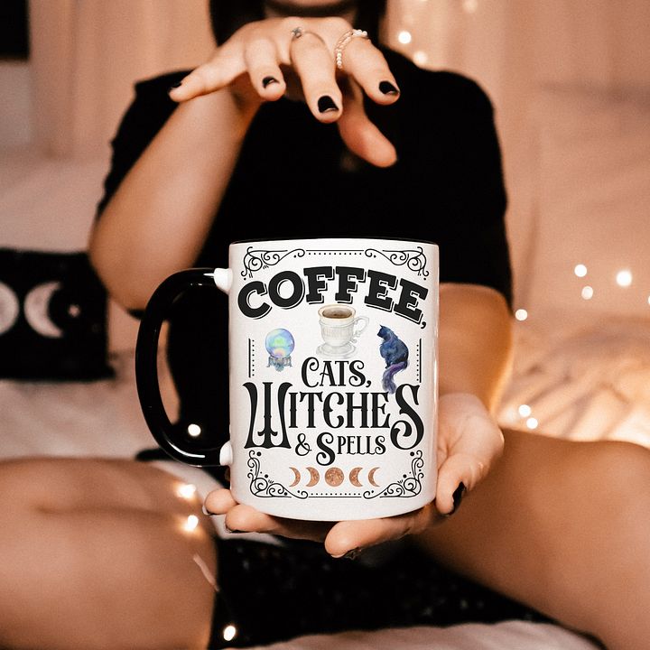 Coffee, Cats, Witches, and Spells WHITE WITH BLACK HANDLE MUG - Witchy, Kitchen Witch, Magic Kitchen Gift product image (1)