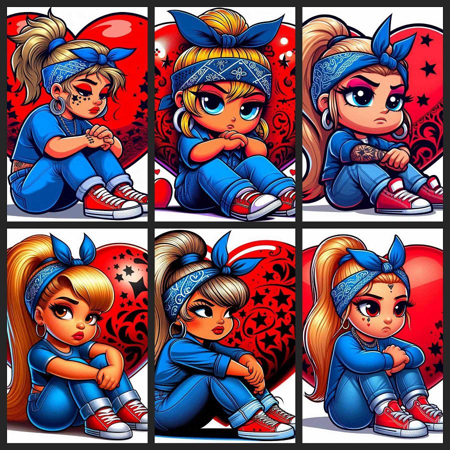 12 Cute Chicana Girl Clipart with Bandana, Red Heart Background, Digital Download, Chola Style Art, Cartoon Character Illustration product image (3)