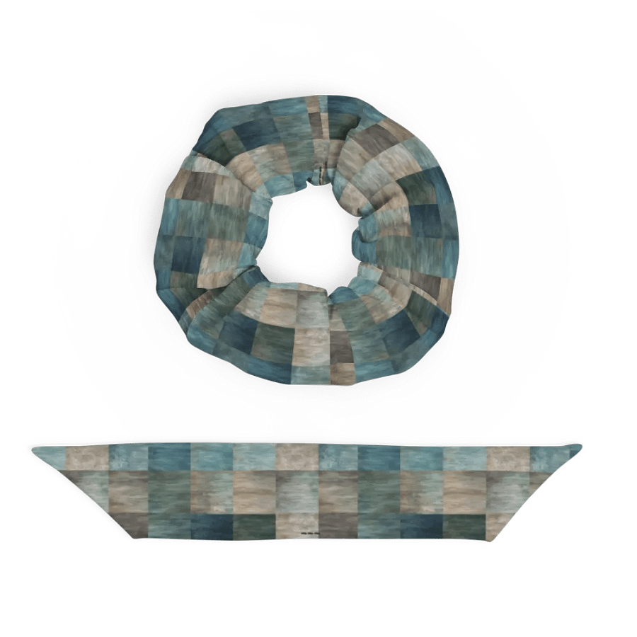 Hair Scrunchie - Checkered Pattern in Blues, Greens, and Browns product image (5)