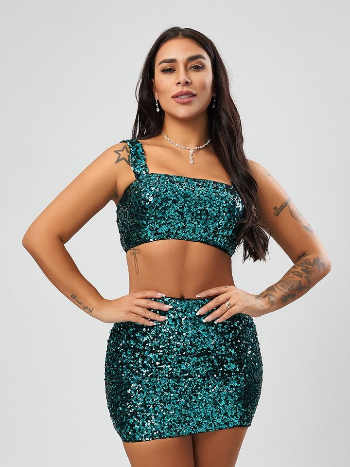 Wholesale sexy high quality slight stretch square neck sequin decor mini skirt sets product image (1)