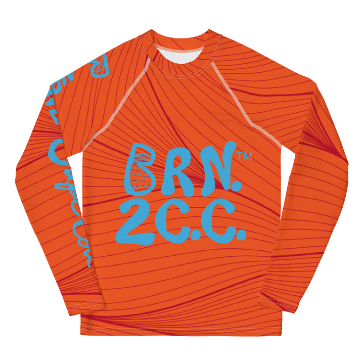 YOUTH | Rash Guard | BRN.2C.C.™ Front Graphic | BOURNE to Cape Cod™ Sleeve & Back Logo | Coastal Swim Shirt for Kids | UV Protection Activewear | Blue Logo on Red and Orange Abstract product image (1)