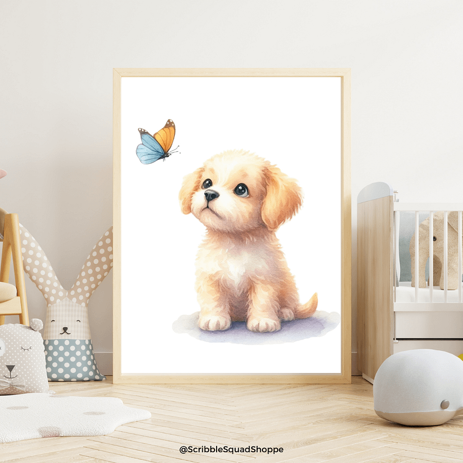 Curious Puppy and Butterfly Wall Art - Whimsical Nursery Decor product image (1)