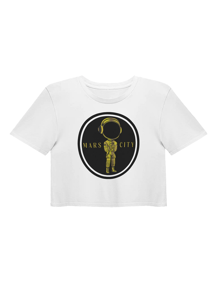 Ladies white cropped tee shirt with Gold Astronaut black circle front product image (1)