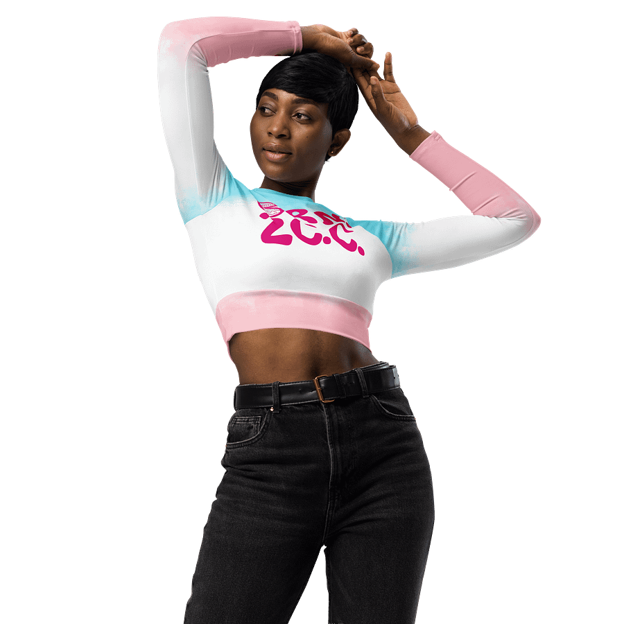 BOURNE to Cape Cod™ Crop Top | BRN.2C.C.™ Coastal Bold | Recycled Long Sleeve Statement Wear 🌊💃☀️ | Vibrant Pink Logos on Patriotic Pastels product image (3)