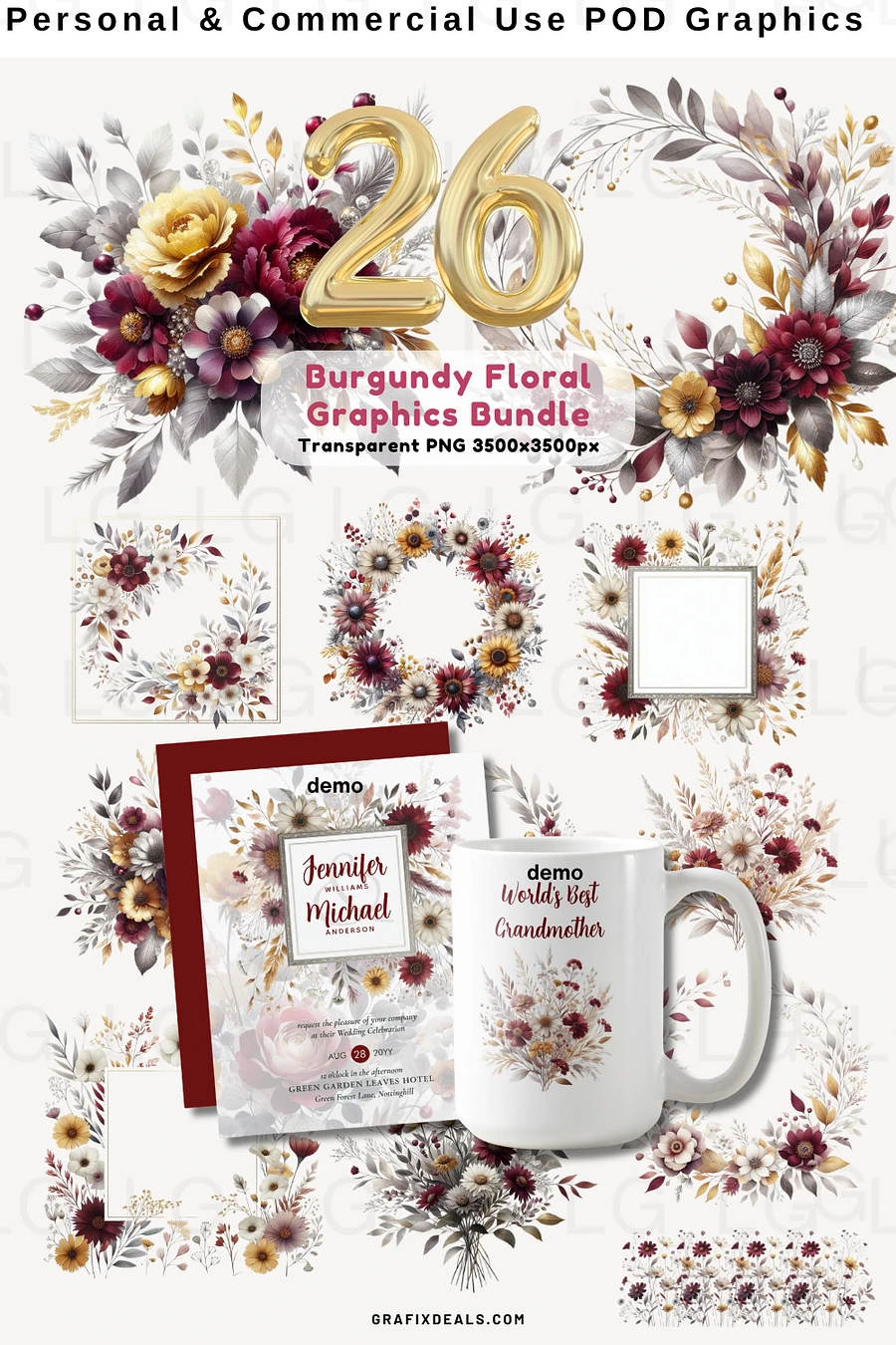 26 Burgundy Yellow Floral Graphics Bundle! Commercial POD Use product image (1)