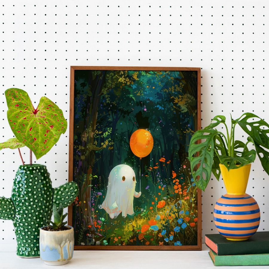 Cute Ghost with a Balloon Whimsical Halloween Art Print product image (5)