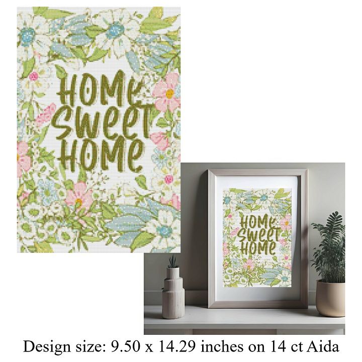 Home Sweet Home | Floral Printable Cross Stitch Pattern | Whimsical Pink, White, and Blue Flowers product image (1)
