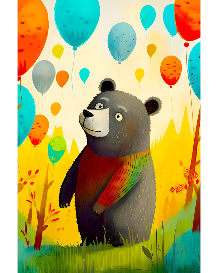 Baby Bear Admiring a Sky of Cheerful Colorful Balloons in a Bright Forest Matte Poster product image (1)