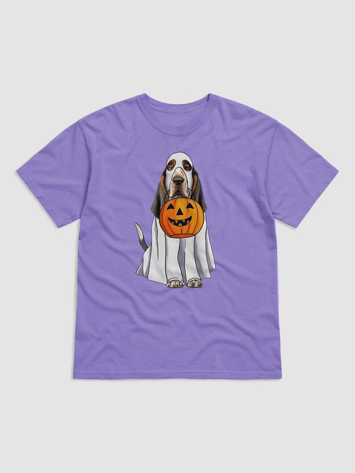 Basset Hound(Tricolor) Halloween Tee | Funny Halloween Basset Hound Wearing Ghost Costume with Pumpkin Basket product image (20)
